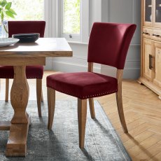 Rustic Oak Uph Chair -  Crimson Velvet Fabric  (Pair)