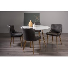 Francesca White Glass 4 Seater Table & 4 Cezanne Dark Grey Faux Leather Chairs - Gold Legs