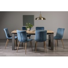 Oakham Scandi Oak 6-8 Seater Table - Dark Grey Legs & 6 Eriksen Petrol Blue Velvet Chairs