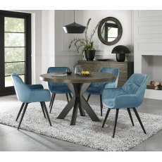 Ellipse Fumed Oak 4 Seater Table & 4 Dali Petrol Blue Velvet Chairs - Black Legs