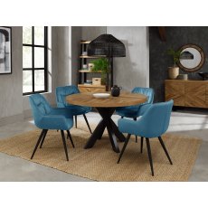 Ellipse Rustic Oak 4 Seater Table & 4 Dali Petrol Blue Velvet Chairs - Black Legs