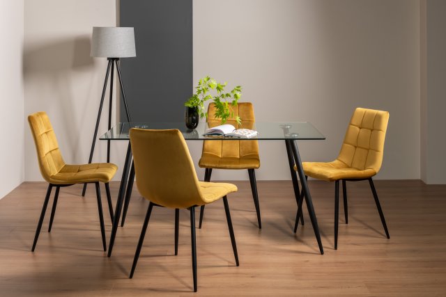 Gallery Collection Martini Clear Glass 6 Seater Table & 4 Mondrian Mustard Velvet Chairs