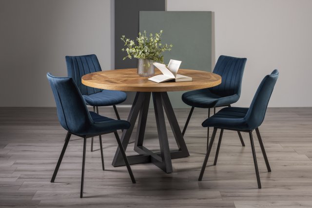 Signature Collection Indus Rustic Oak 4 Seater Table & 4 Fontana Blue Velvet Chairs