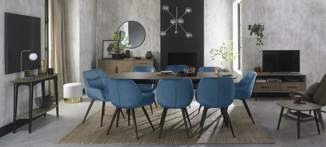 Gallery Collection Vintage Weathered Oak 6-8 Seater Table & 8 Dali Petrol Blue Velvet Chairs