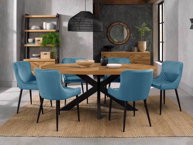 Bentley Designs Ellipse Rustic Oak 6 seater dining table with 6 Cezanne chairs- petrol blue velvet fabric