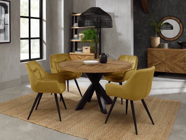 Bentley Designs Ellipse Rustic Oak 4 seater dining table with 4 Dali chairs- mustard velvet fabric