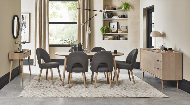 Bentley Designs Dansk Scandi Oak 6-8 Seater Dining Set & 6 Upholstered Chairs in Cold Steel Fabric- feature