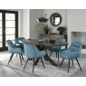 Bentley Designs Ellipse fumed oak 6 seater dining table with 6 Dali chairs- petrol blue velvet fabric