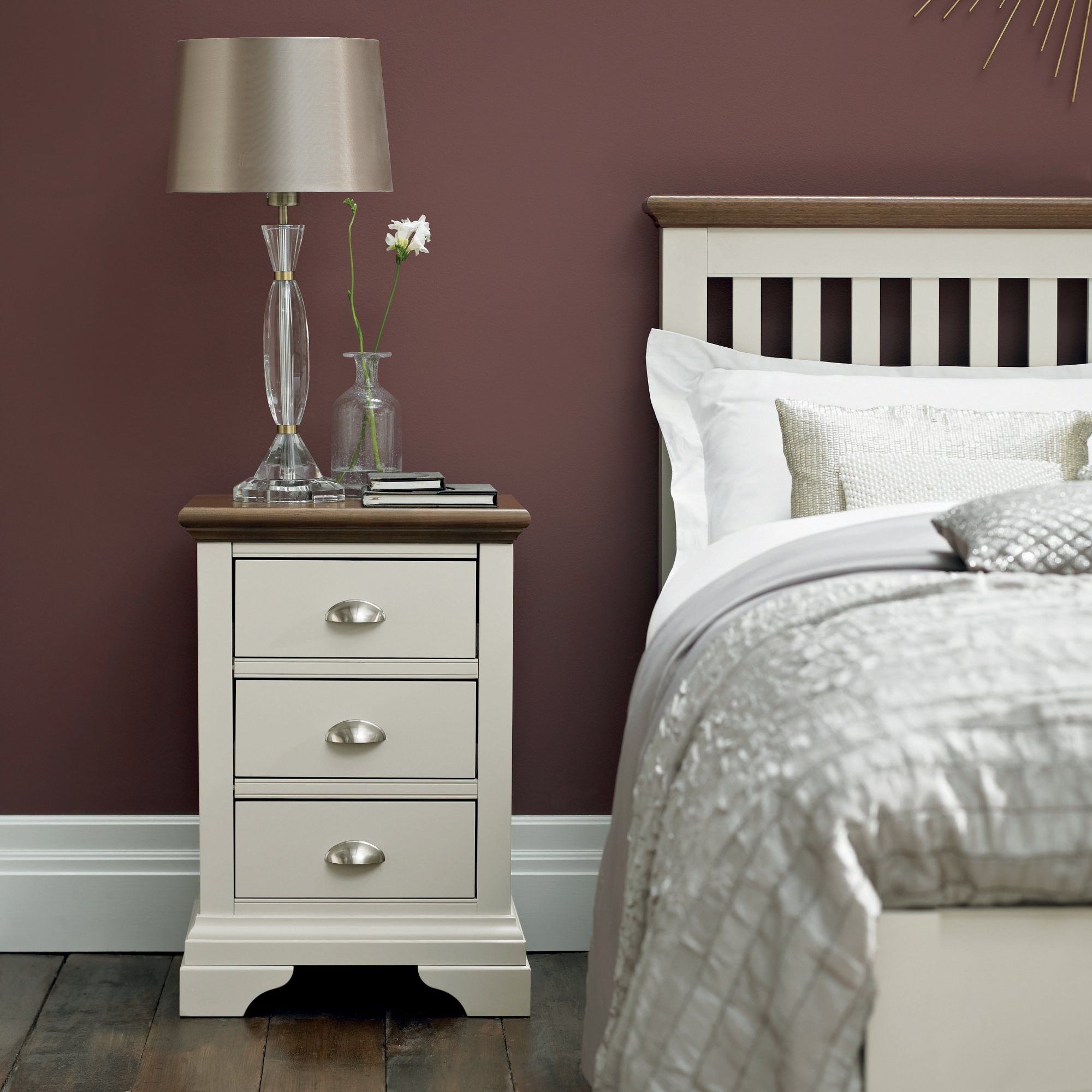 Premier Collection Hampstead Soft Grey & Walnut 3 Drawer Nightstand Nightstands Bentley Designs