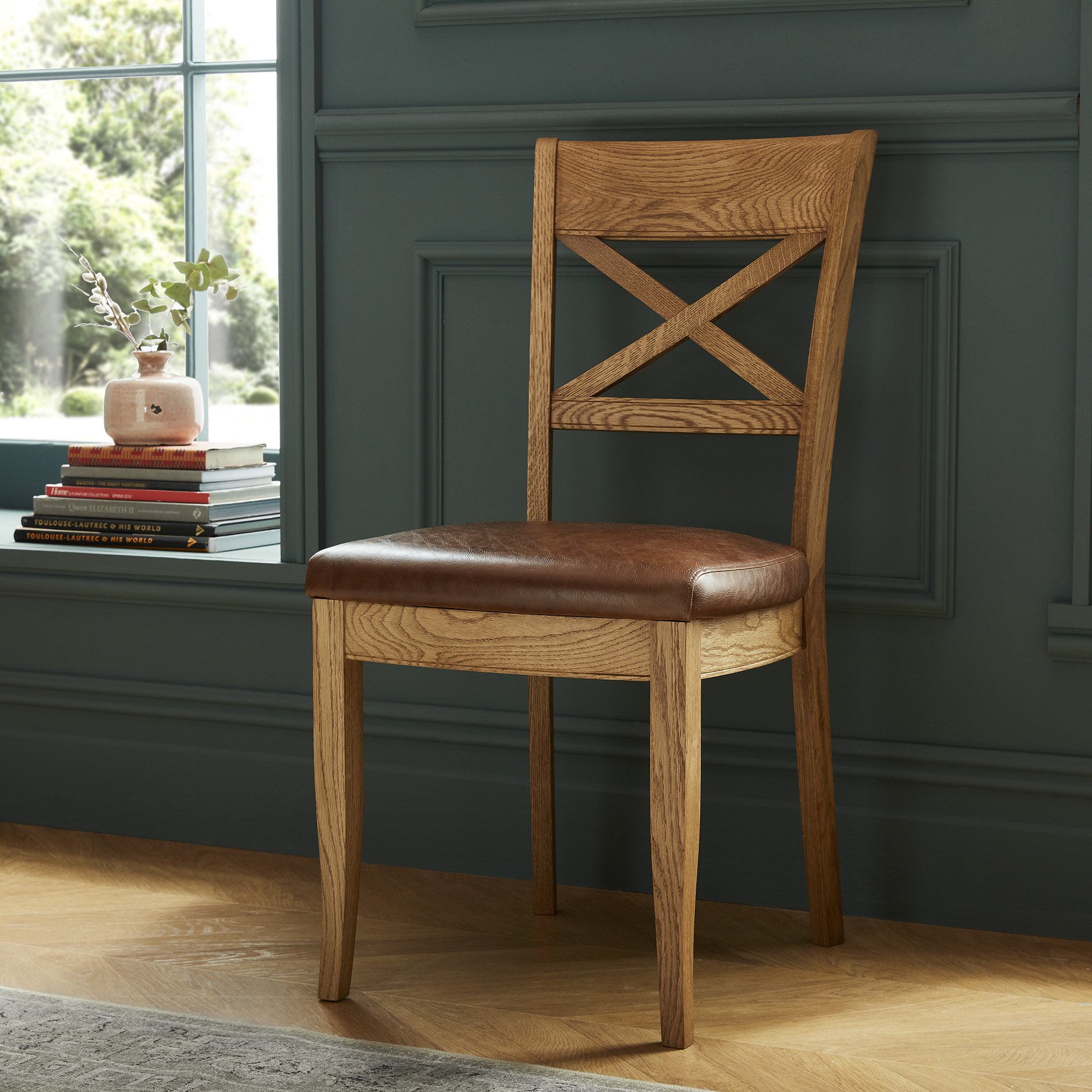 Signature Collection Westbury Rustic Oak X Back Chair Tan Faux