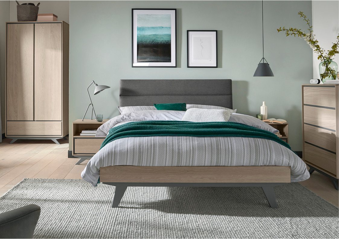 Brunel Scandi Oak & Dark Grey Uph Bedstead Size Double Bentley