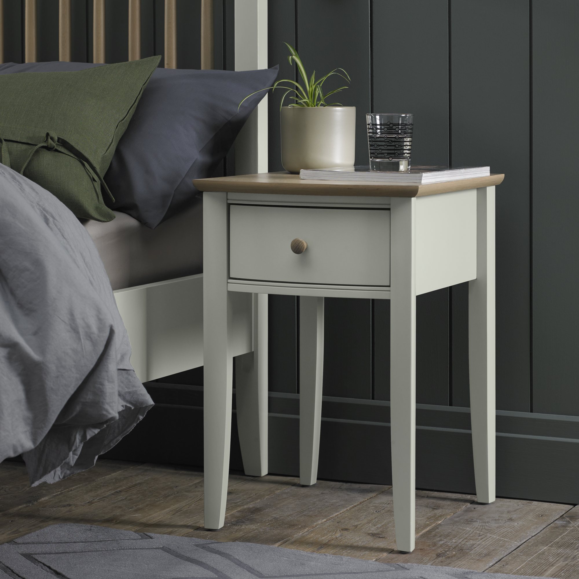 Whitby Scandi Oak & Soft Grey 1 Drawer Nightstand Bedroom Bentley Designs UK Ltd