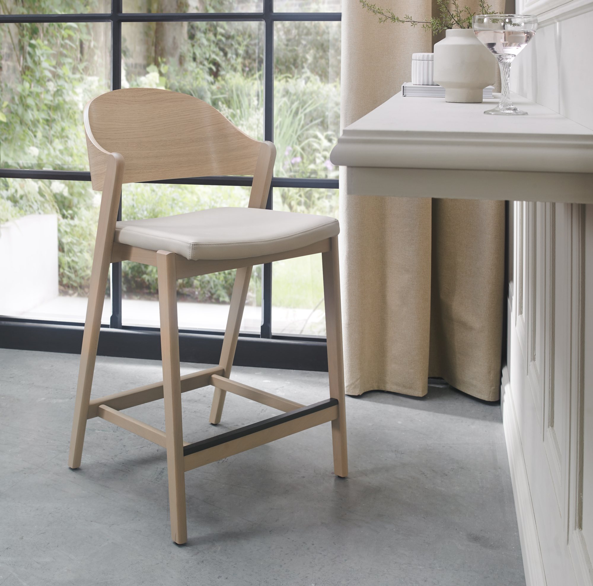 Vega Scandi Oak Ply Back Bar Stool - Ivory Bonded Leather - Bentley Designs