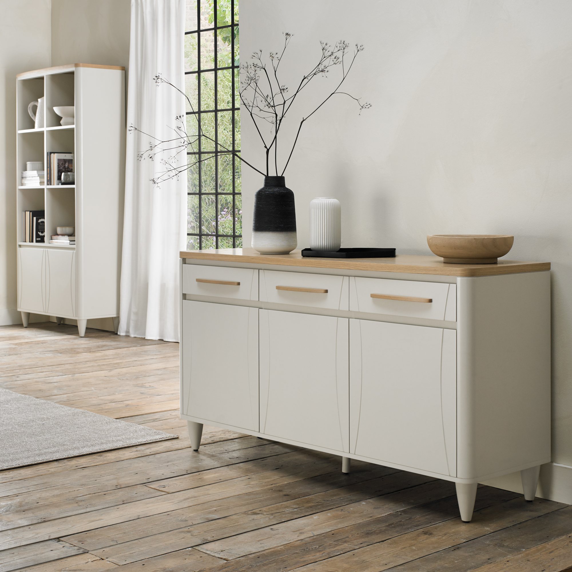 Larsen Scandi Oak & Soft Grey Wide Sideboard - Bentley Designs