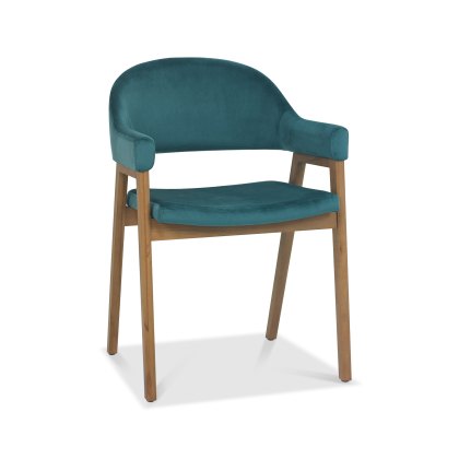 Camden Rustic Oak Upholstered Arm Chair in an Azure Velvet Fabric (Pair)