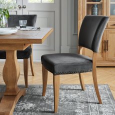 Rustic Oak Uph Chair -  Gun Metal Velvet Fabric  (Pair)