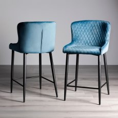 Cezanne - Petrol Blue Velvet Fabric Bar Stool with Black Legs (Pair)