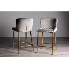 Cezanne - Grey Velvet Fabric Bar Stools with Matt Gold Plated Legs (Pair)