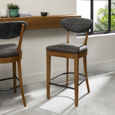 Ellipse Rustic Oak Upholstered Bar Stool - Dark Grey Fabric (Pair)