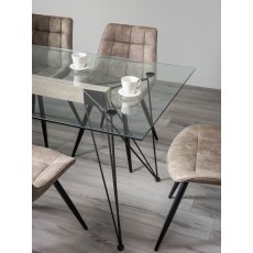 Miro Clear Tempered Glass 6 Seater Dining Table & 6 Seurat Tan Faux Suede Fabric Chairs with Sand Black Powder Coated Legs