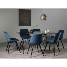 Miro Clear Tempered Glass 6 Seater Dining Table & 6 Seurat Blue Velvet Fabric Chairs with Sand Black Powder Coated Legs