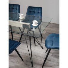 Miro Clear Tempered Glass 6 Seater Dining Table & 6 Seurat Blue Velvet Fabric Chairs with Sand Black Powder Coated Legs