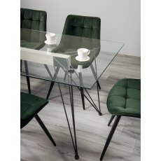Miro Clear Tempered Glass 6 Seater Dining Table & 6 Seurat Green Velvet Fabric Chairs with Sand Black Powder Coated Legs