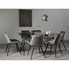Miro Clear Tempered Glass 6 Seater Dining Table & 6 Seurat Grey Velvet Fabric Chairs with Sand Black Powder Coated Legs