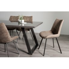 Hirst Grey Painted Tempered Glass 6 Seater Dining Table & 6 Fontana Tan Faux Suede Fabric Chairs with Grey Hand Brushing on Black Powder Coated Legs