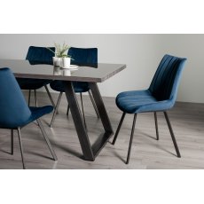 Hirst Grey Painted Tempered Glass 6 Seater Dining Table & 6 Fontana Blue Velvet Fabric Chairs with Grey Hand Brushing on Black Powder Coated Legs