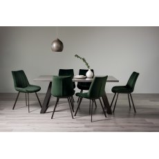 Hirst Grey Painted Tempered Glass 6 Seater Dining Table & 6 Fontana Green Velvet Fabric Chairs with Grey Hand Brushing on Black Powder Coated Legs