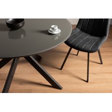 Hirst Grey Painted Tempered Glass 4 Seater Dining Table & 4 Fontana Dark Grey Faux Suede Fabric Chairs with Grey Hand Brushing on Black Powder Coated Legs