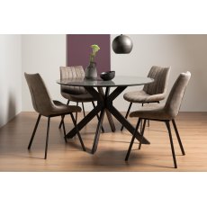 Hirst Grey Painted Tempered Glass 4 Seater Dining Table & 4 Fontana Tan Faux Suede Fabric Chairs with Grey Hand Brushing on Black Powder Coated Legs