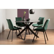 Hirst Grey Painted Tempered Glass 4 Seater Dining Table & 4 Fontana Green Velvet Fabric Chairs with Grey Hand Brushing on Black Powder Coated Legs