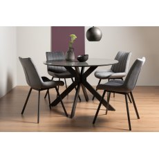Hirst Grey Painted Tempered Glass 4 Seater Dining Table & 4 Fontana Grey Velvet Fabric Chairs with Grey Hand Brushing on Black Powder Coated Legs