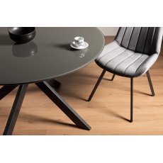 Hirst Grey Painted Tempered Glass 4 Seater Dining Table & 4 Fontana Grey Velvet Fabric Chairs with Grey Hand Brushing on Black Powder Coated Legs