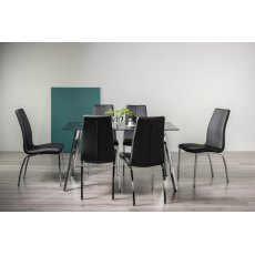 Emin Black Marble Effect Tempered Glass 6 Seater Table & 6 Benton Black Faux Leather Chairs with Shiny Nickel Legs