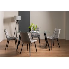 Martini Clear Tempered Glass 6 Seater Dining Table & 4 Mondrian Grey Velvet Fabric Chairs with Sand Black Powder Coated Legs