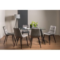 Martini Clear Tempered Glass 6 Seater Dining Table & 6 Mondrian Grey Velvet Fabric Chairs with Sand Black Powder Coated Legs
