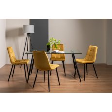 Martini Clear Tempered Glass 6 Seater Dining Table & 4 Mondrian Mustard Velvet Fabric Chairs with Sand Black Powder Coated Legs