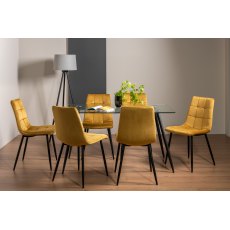 Martini Clear Tempered Glass 6 Seater Dining Table & 6 Mondrian Mustard Velvet Fabric Chairs with Sand Black Powder Coated Legs
