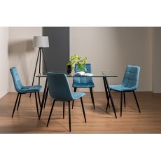 Martini Clear Tempered Glass 6 Seater Dining Table & 4 Mondrian Petrol Blue Velvet Fabric Chairs with Sand Black Powder Coated Legs