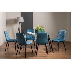 Martini Clear Glass 6 Seater Table & 6 Mondrian Petrol Blue Velvet Chairs