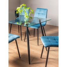 Martini Clear Tempered Glass 6 Seater Dining Table & 6 Mondrian Petrol Blue Velvet Fabric Chairs with Sand Black Powder Coated Legs