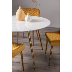 Francesca White Marble Effect Tempered Glass 4 Seater Dining Table & 4 Cezanne Mustard Velvet Fabric Chairs with Matt Gold Plated Legs