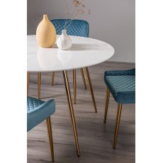 Francesca White Marble Effect Tempered Glass 4 Seater Dining Table & 4 Cezanne Petrol Blue Velvet Fabric Chairs with Matt Gold Plated Legs