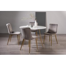 Francesca White Marble Effect Tempered Glass 4 seater Dining Table & 4 Rothko Grey Velvet Fabric Chairs with Matt Gold Plated Legs