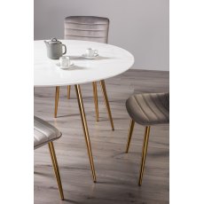 Francesca White Marble Effect Tempered Glass 4 seater Dining Table & 4 Rothko Grey Velvet Fabric Chairs with Matt Gold Plated Legs