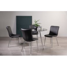 Christo Black Marble Effect Tempered Glass 4 Seater Tables & 4 Rothko Black Faux Leather Chairs with Shiny Nickel Legs