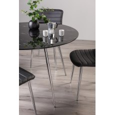 Christo Black Marble Effect Tempered Glass 4 Seater Tables & 4 Rothko Black Faux Leather Chairs with Shiny Nickel Legs